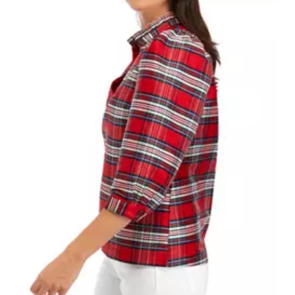 Crown & Ivy Red Plaid Puff Sleeves Split Neck Top Size Medium - Picture 3 of 13